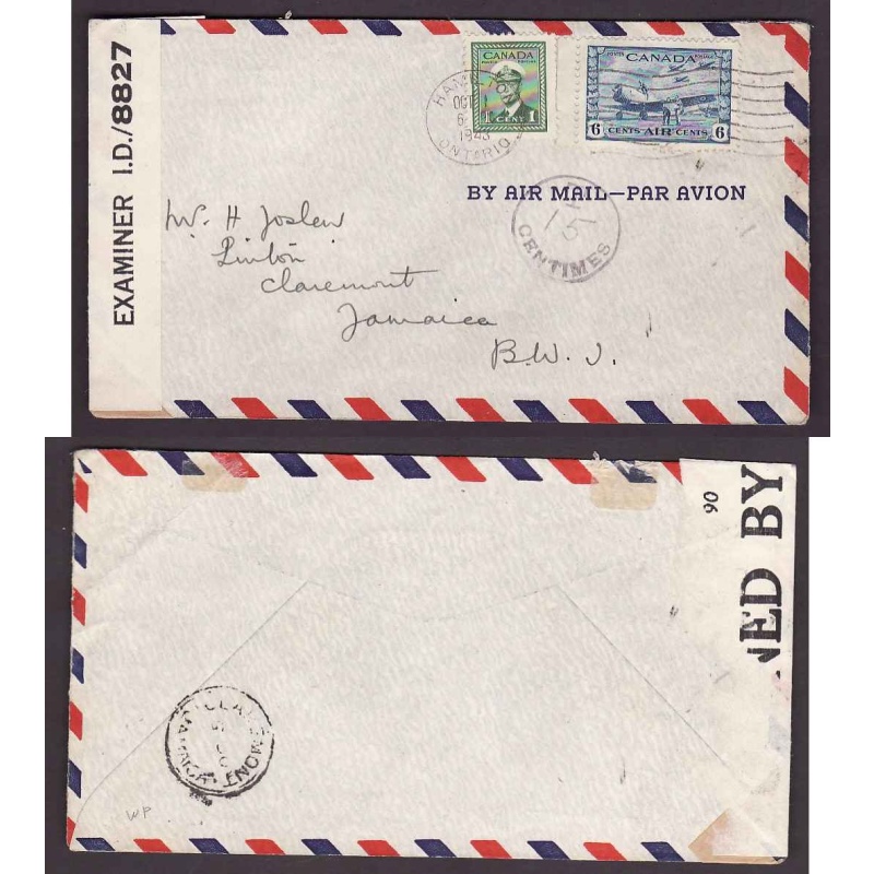 Canada-cover #14022-1c+6c [short 3c]-airmail-Jamaica-Hamilton-Oct 1 1943-H/S