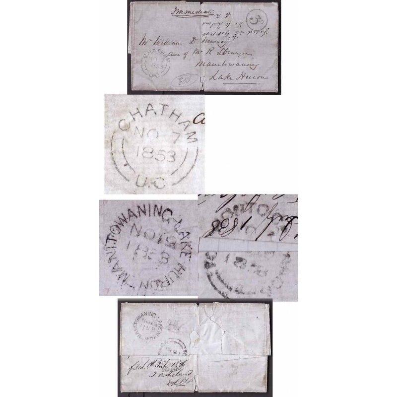 Canada-#9286 - Stampless to Manitowaning,Lake Huron-Chatham,Ont double broken