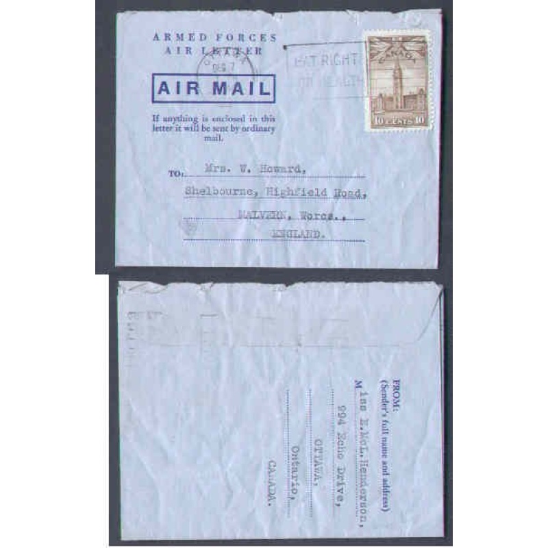 Canada-#9645 - 10c Parliament on Armed Forces Air Letter Air Mail to England