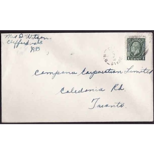 Canada-cover #10238-1c KGV medallion-Cliffordvale,NB Ap 18 193?