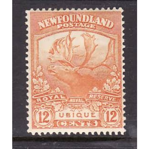Newfoundland-Sc #123-unused,og, hinged 12c Caribou-Ubique-id5-1919-