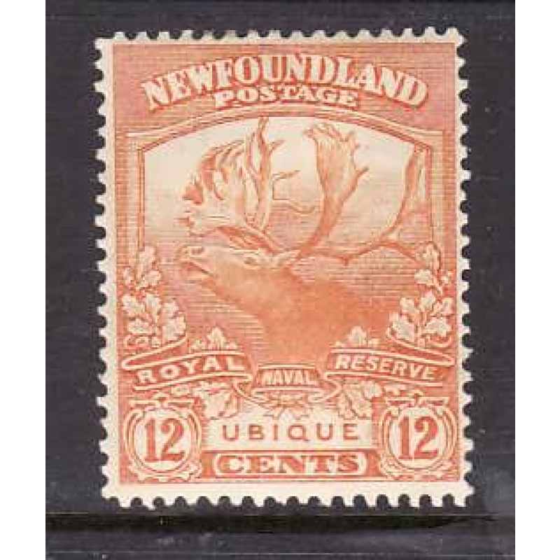 Newfoundland-Sc #123-unused,og, hinged 12c Caribou-Ubique-id5-1919-