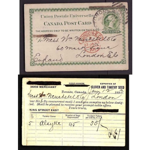 Canada-cover #13959-2c UPU-Toronto duplex "1" in oval-Jan 12 1893-England-receivi