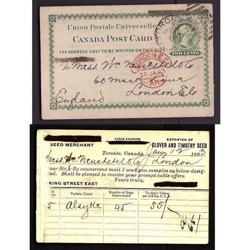 Canada-cover #13959-2c UPU-Toronto duplex "1" in oval-Jan 12 1893-England-receivi