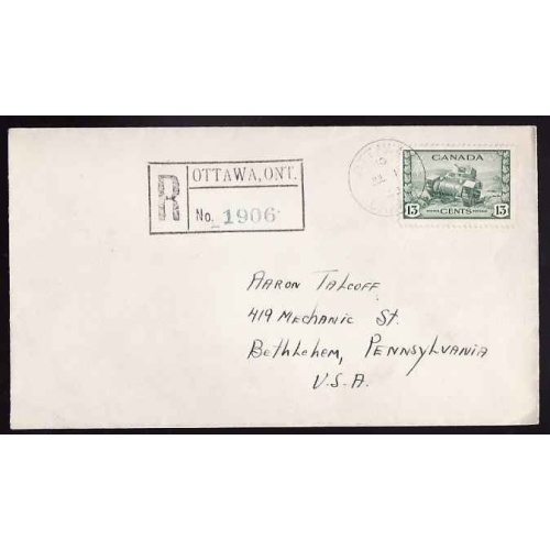 Canada-cover #13516-13c green tank [#258] reg'd-FDC-Ottawa,Canada-ul 1 1942