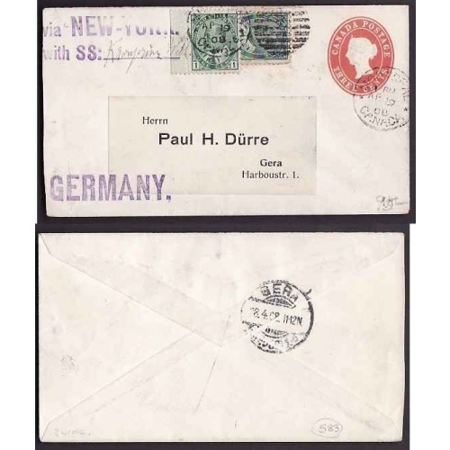 Canada-cover #10159-1c(2) Edward uprating 3c QV stationery to Germany-Montreal