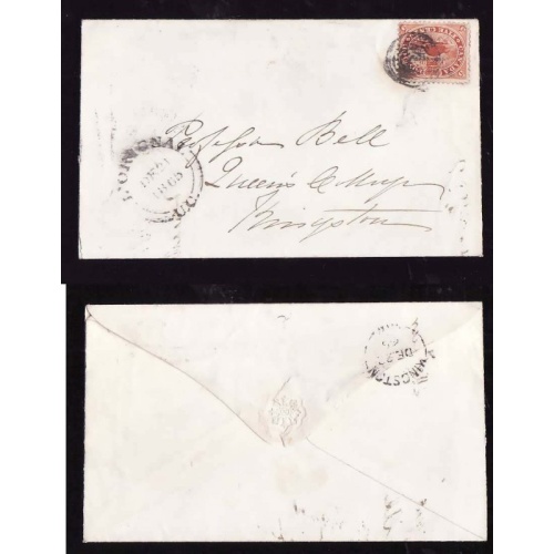 Canada-cover #14368-5c-addressee Robert Bell-L'Orignal,UC-De 21 1865-B/S Kingston