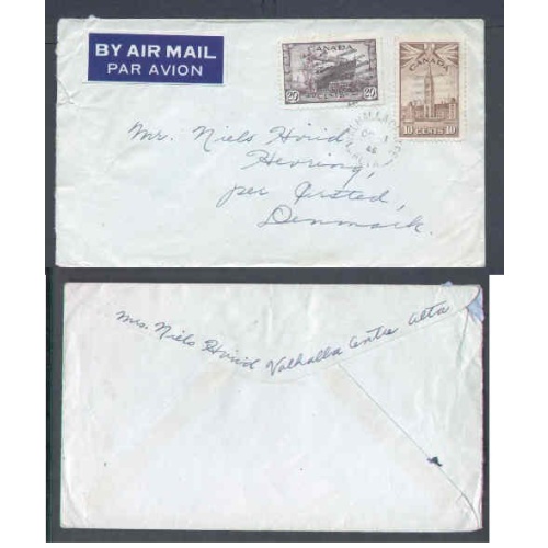 Canada-#9674 - 20c Corvette+10c Parliament airmail to Denmark-Valhalla Centre,Al