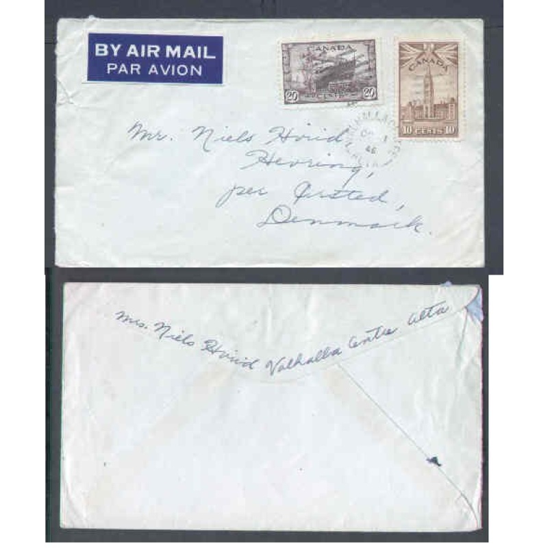 Canada-#9674 - 20c Corvette+10c Parliament airmail to Denmark-Valhalla Centre,Al