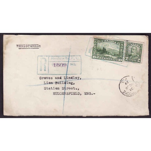 Canada-cover #10458-2c KGV+10c Mount Hurd [ front only ] reg'd-England-Sherbrooke,