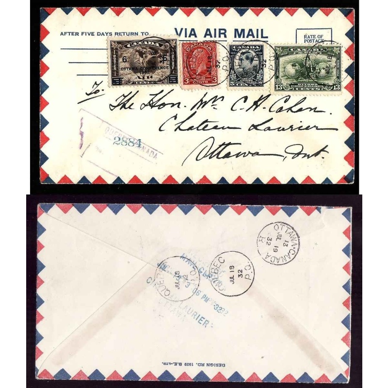 Canada-cover #14209–6c+3c+5c+13c-regd airmail-Quebec,PQ-Jul 18 1932