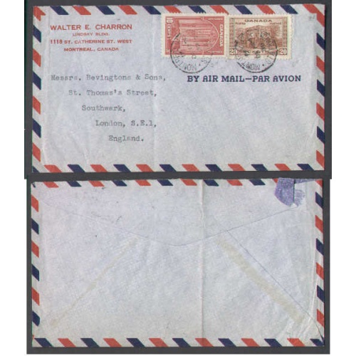 Canada-cover #4978- 10c+20c Airmail-Montreal, Station B-Dec 12 1938-rate to England
