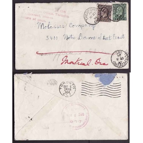 Canada-#9506 - 1c+2c KGV medallions-Lambton Cnty-Thetford,Ont-Nov 27 1934-M/S "insufficient