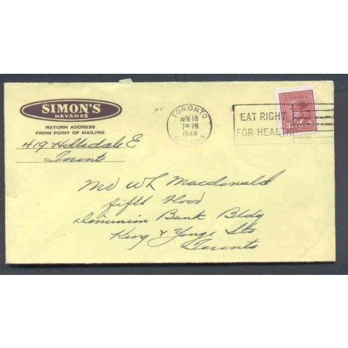 Canada-#9716 -  3c KGVI war - York County - Toronto , Ont - Apr 18 1944 -  Illustrated cigar