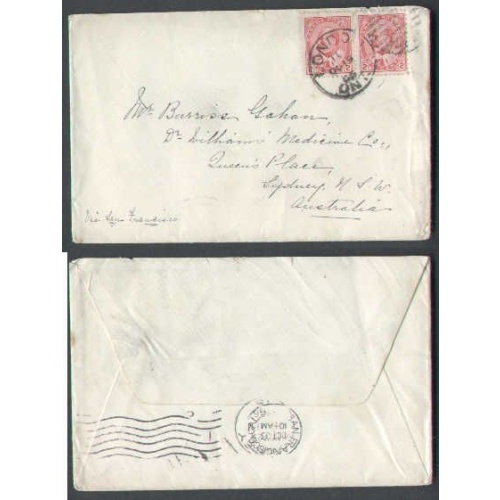Canada-cover #5596-2c(2) to Australia-London,Ont-Oc 19 1906-4c double Empire rate