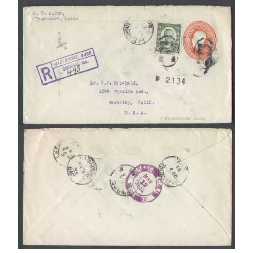 Canada-cover #4519-3c+10c reg'd-Hazenmore,Sask -Mr 7 1933-RPO-W91 RF 65