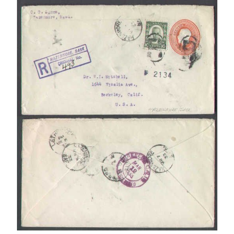 Canada-cover #4519-3c+10c reg'd-Hazenmore,Sask -Mr 7 1933-RPO-W91 RF 65