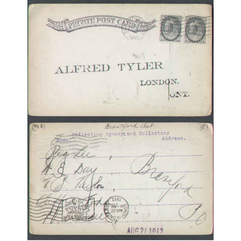 Canada-cover #5826 - 1/2c(2) private p/c-Brant Cty-Brantford,Ont-Au 27 1912
