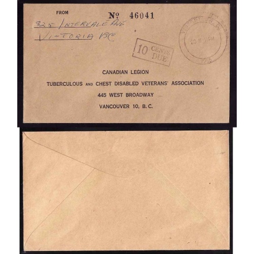Canada-cover #5738-no stamp-Victoria,BC-20 III 1956-H/S 10 Cents Due-barrel