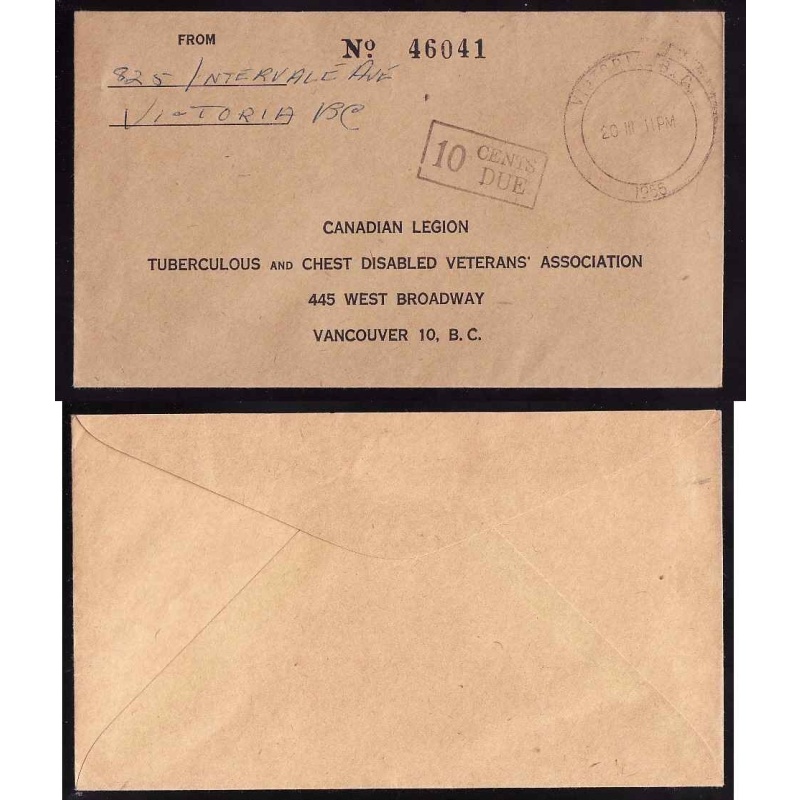 Canada-cover #5738-no stamp-Victoria,BC-20 III 1956-H/S 10 Cents Due-barrel