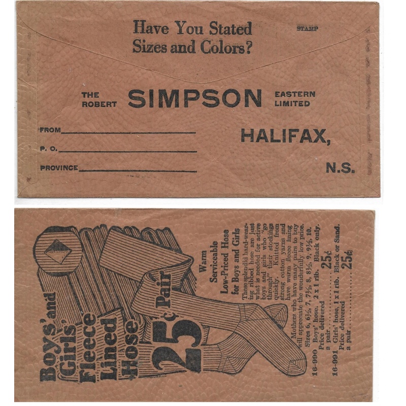 Unused Advertising Cover THE ROBERT SIMPSON EASTERN LIMITED Halifax N. S.