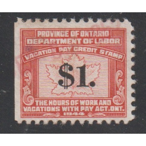 ONTARIO Vacation Pay Stamp - Van Dam #OL10 - used fine - very fine