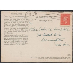 Colour Letter  PC Legistaure & Flowers, Victoria B.C. used 1953