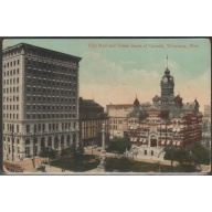 Early colour PC Valentine & Sons City Hall Union Bank Winnipeg, Manitoba used