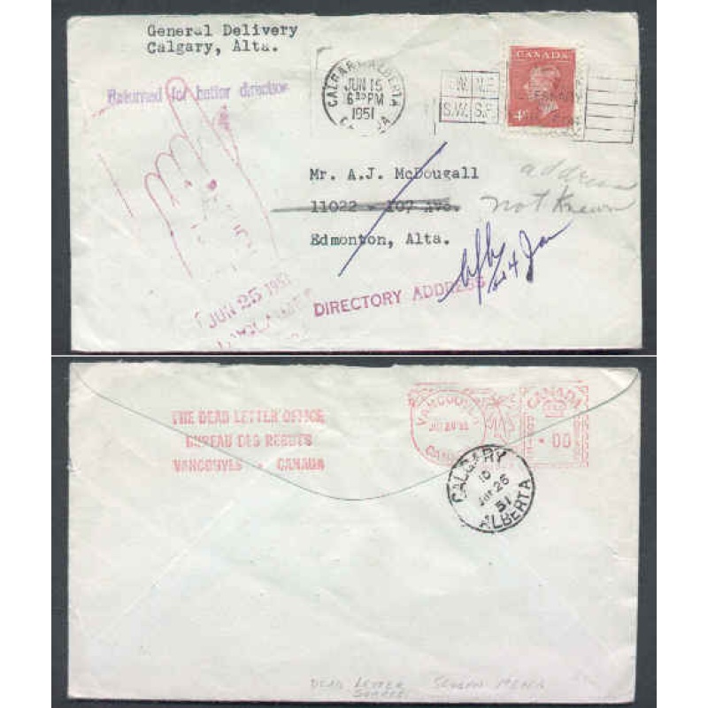 Canada-cover #5797-4c-DLO-Calgary,Alberta-Jun 15 1951-H/S "Returned for
