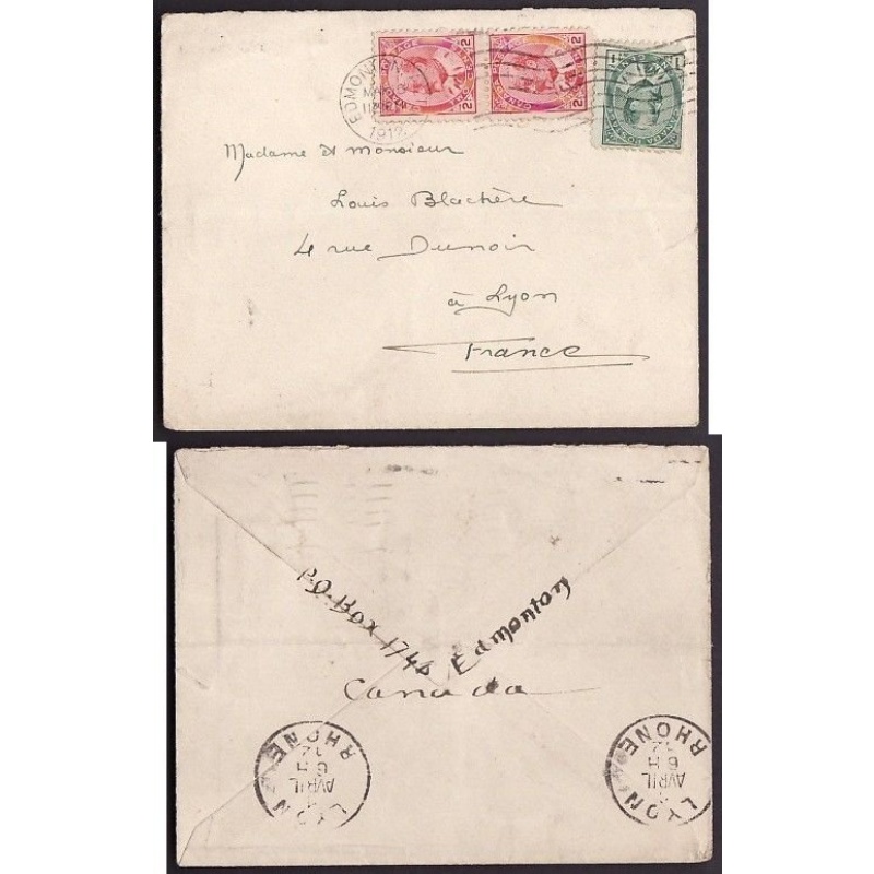 Canada-cover #10170-1c+2c(2) Edwards to France-Edmonton, Alta-Mar 16 1912-