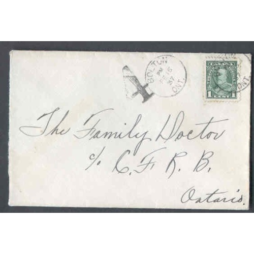 Canada-cover #9822-1c KGV short pays 3c rate-Peel Cnty-Bolton,Ont-Fe 16 1937 -