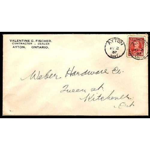Canada cover #11367-3c KGV-Grey Cnty-Ayton, Ont - Fe 2 1937 -