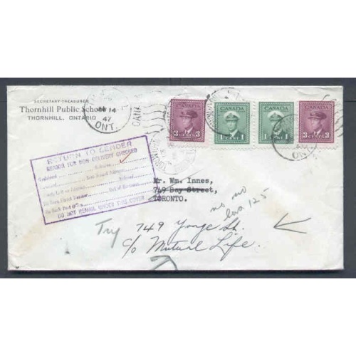 Canada-cover #9754-1c(2)+3c(2) KGVI war-York County-Thornhill,Ont duplex-Jun 14