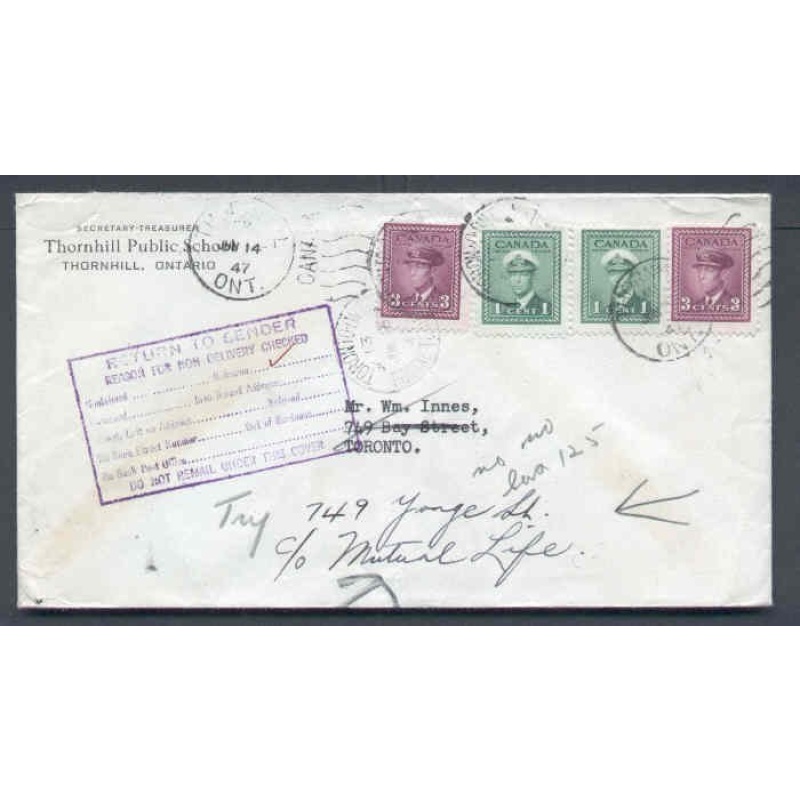 Canada-cover #9754-1c(2)+3c(2) KGVI war-York County-Thornhill,Ont duplex-Jun 14