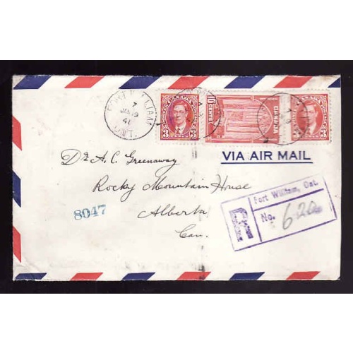 Canada-cover #13529-3c(2)+10c reg'd-Thunderbay Dist-Fort William,Ont -RPO-