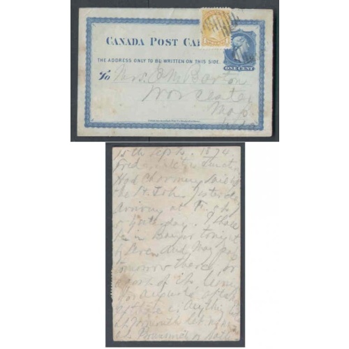 Canada-cover #9859-1c p/c-uprated-1c small queen-Fredericton Junction,NB-Sp 15 1874