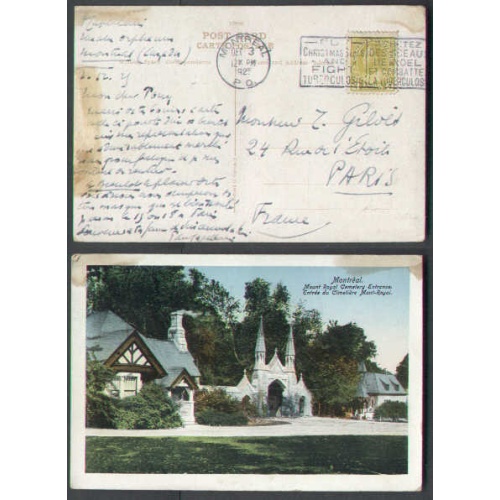 Canada-cover #4430-4c-p/c-Montreal,PQ-UPU p/c rate to France-water stains on