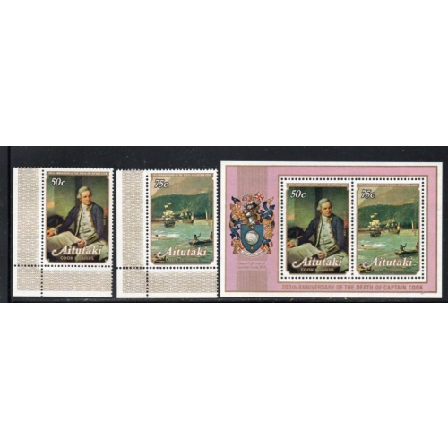 Aitutaki Sc 171-172, 172a 1979 Death of Capt Cook stamp set & sheet mint NH