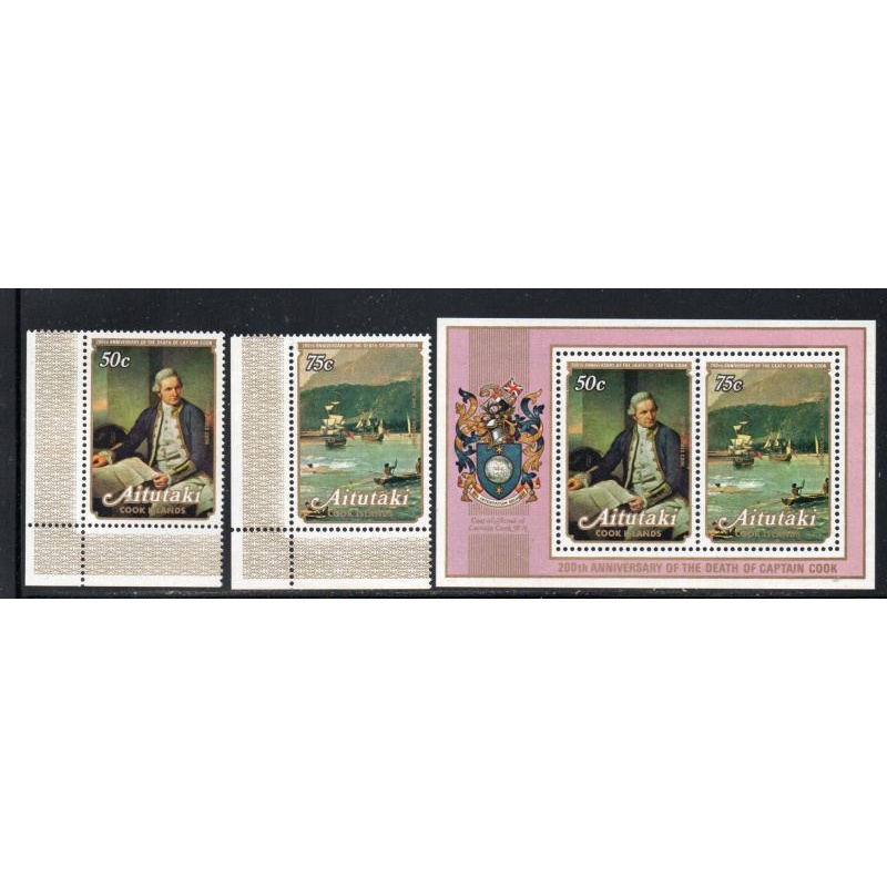 Aitutaki Sc 171-172, 172a 1979 Death of Capt Cook stamp set & sheet mint NH