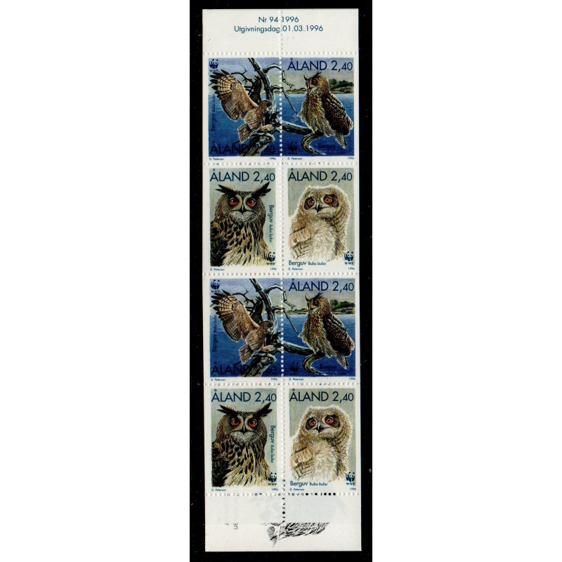Aland Sc 125a 1996 Owls WWF stamp booklet pane mint NH