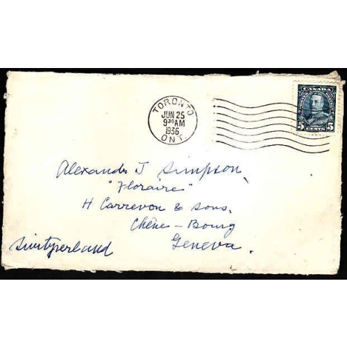 Canada-cover #10365-5c KGVl [ front only ]-Switzerland-York Cnty-Toronto, Ont-Jun 25 1936