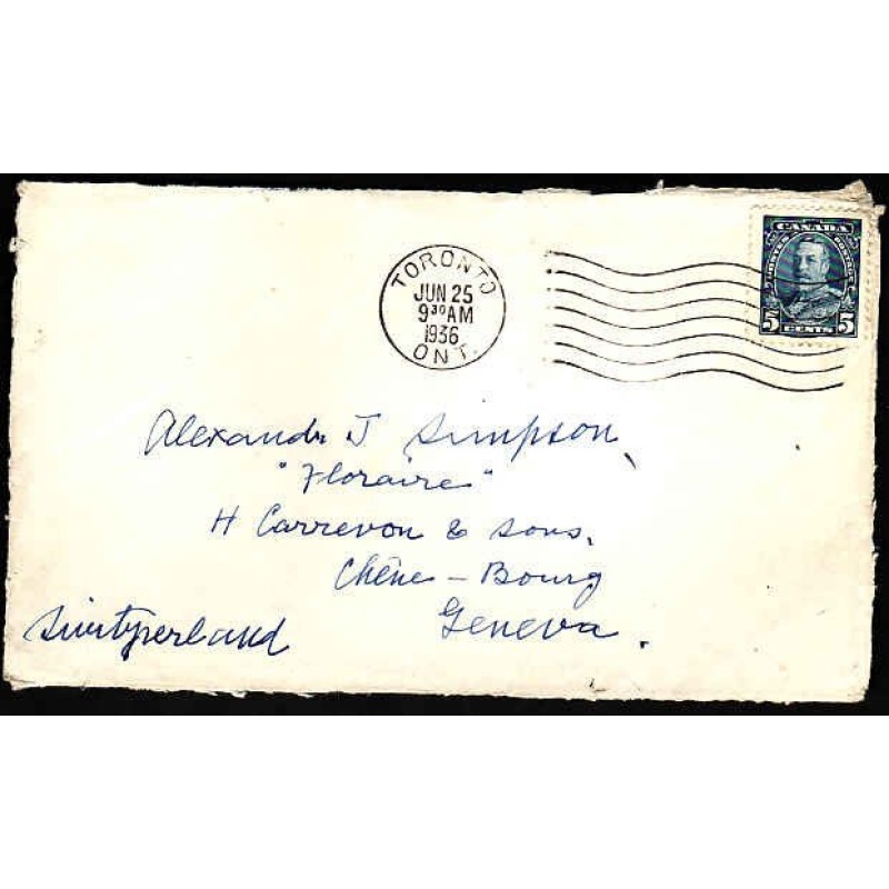 Canada-cover #10365-5c KGVl [ front only ]-Switzerland-York Cnty-Toronto, Ont-Jun 25 1936