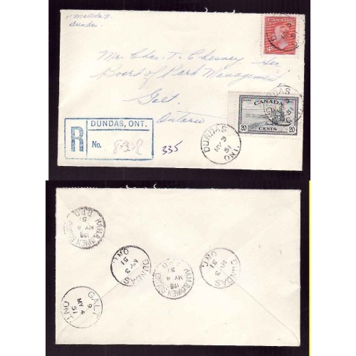 Canada cover #14179–4c+20c regd-Wentworth Cnty-Dundas,Ont-My 3 1951-RPO