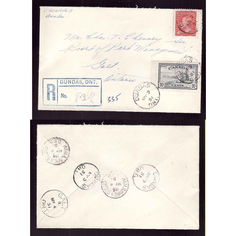 Canada cover #14179–4c+20c regd-Wentworth Cnty-Dundas,Ont-My 3 1951-RPO