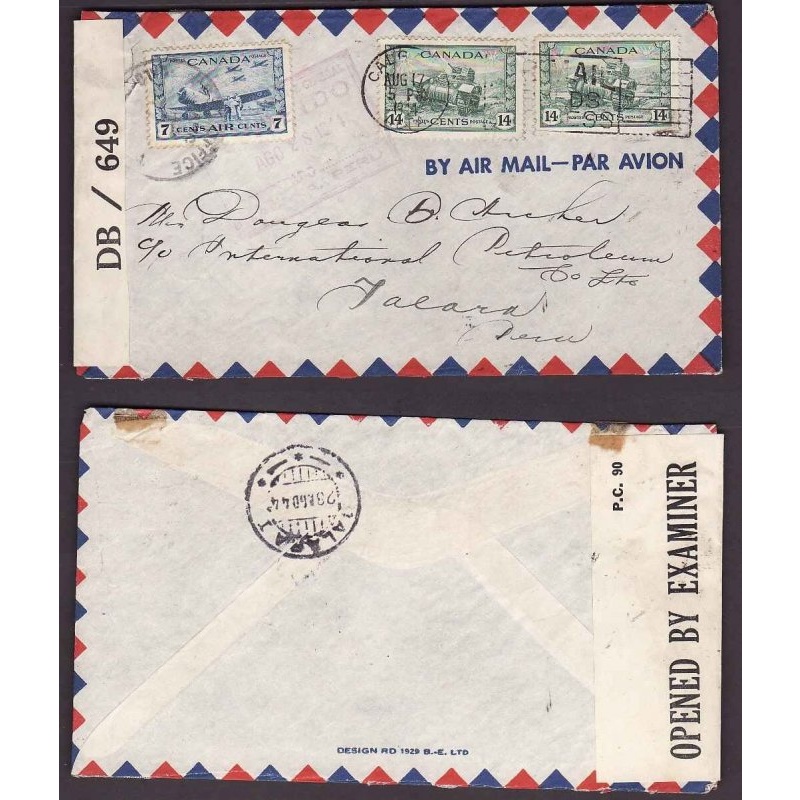 Canada-cover #14019-14c(2)+7c-airmail-Peru-Calgary,Alberta-Aug 17 1944