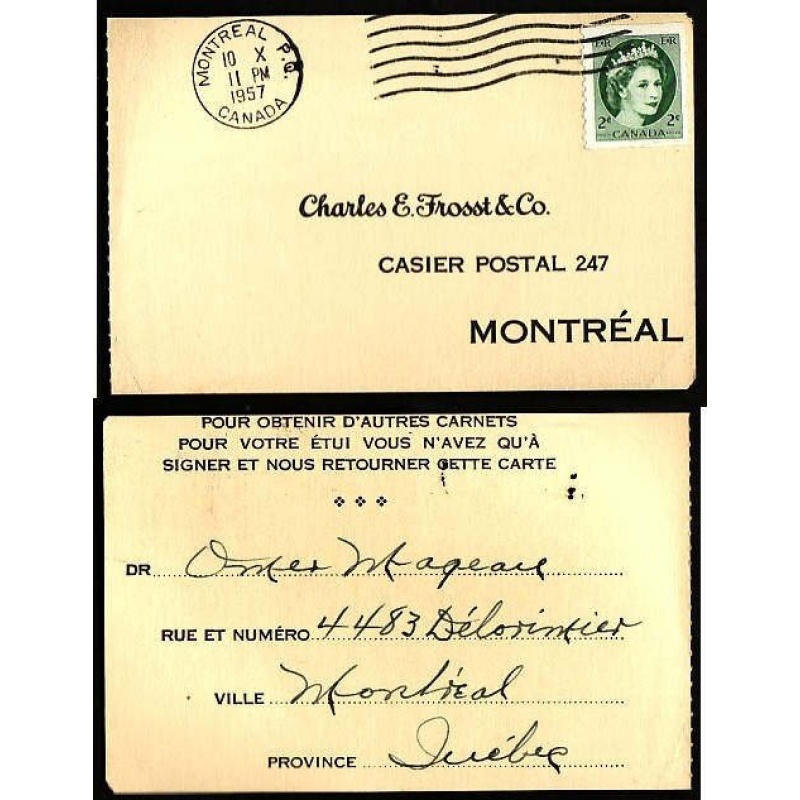 Canada-cover #9996-3c QEII Wilding coil [#335] on return p/c- Montreal PQ , Canada - 10 X 1957