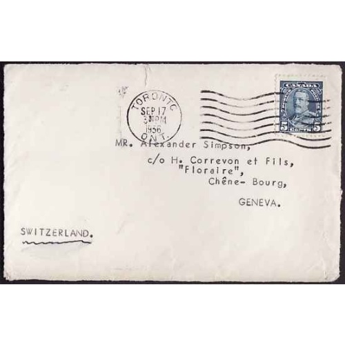 Canada-cover #10364-5c KGVl [ front only ]-Switzerland-York Cnty-Toronto, Ont - Sp 17 1936