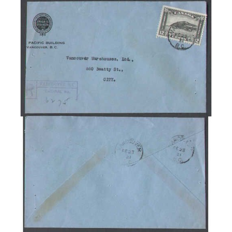 Canada-cover #4385-12c reg'd drop-Vancouver, BC-Fe 23 1931-[10c]+ drop rate [2c]-