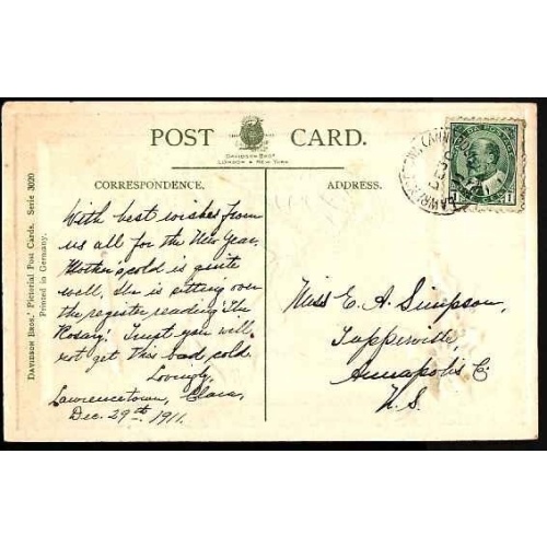 Canada-cover #10117-1c KEVII-p/c-Lawrencetown(Annapolis) , NS - De 30 1911