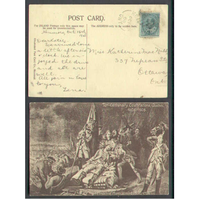 Canada-cover #5431-1c patriotic-Kenmore,Ont-Oc 16 1908-Death of Montcalm
